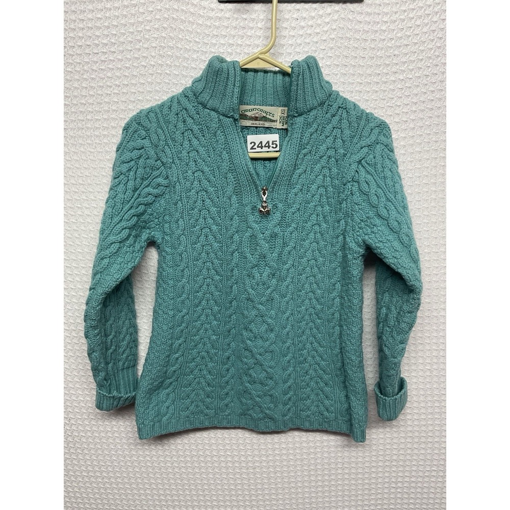 Aran Crafts Ireland Sweater Women's XS Cable Knit Wool 1/3 Zip Turquoise‎